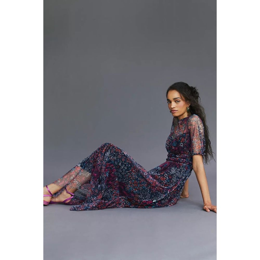 Anthropologie Floral Maxi Dress in Navy and Burgundy